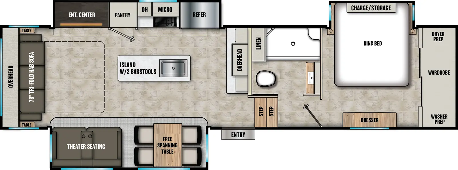 The Chaparral 336TSIK floorplan has one entry and three slide outs. Exterior features include: fiberglass exterior and 16' awning. Interiors features include: kitchen island, free-standing dinette option, front bedroom and rear living.